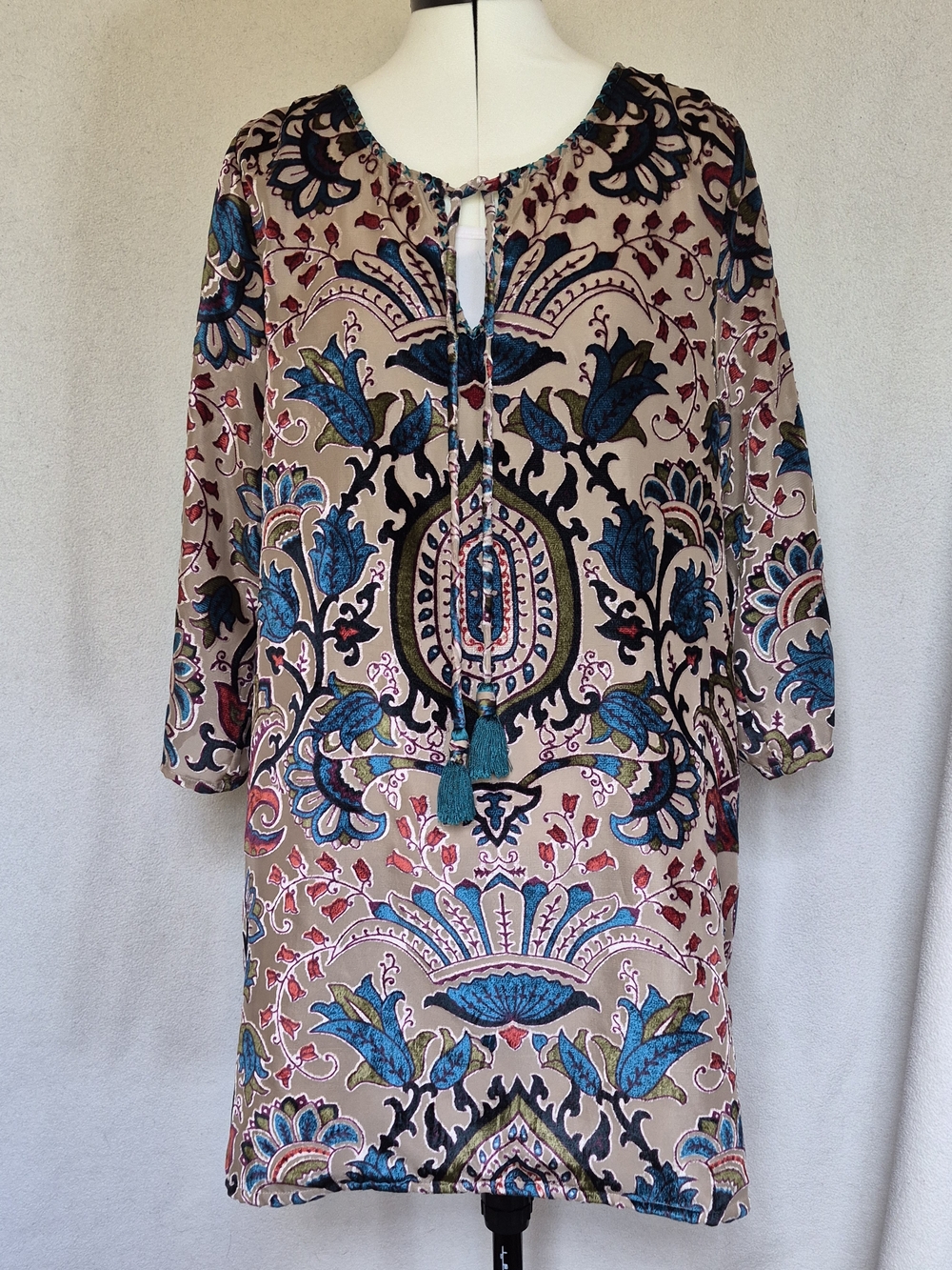 Boho Midi Dress in Beige with Teal Floral Print